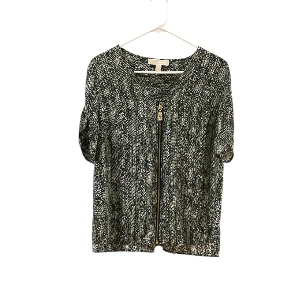 Michael Kors Women’s Zip Front Snakeskin Print Blouse Size L Short Sleeve Casual